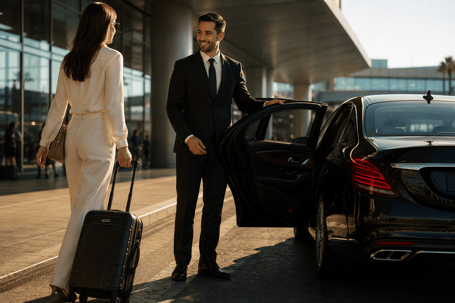 Chauffeur assisting a traveler with luggage at arrivals