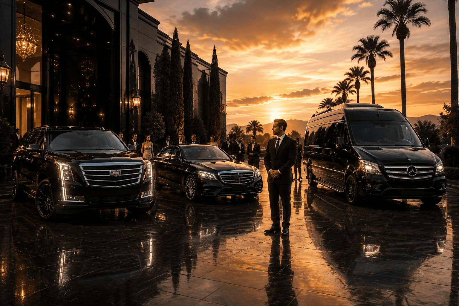 Chauffeur waiting beside a luxury vehicle for event guests