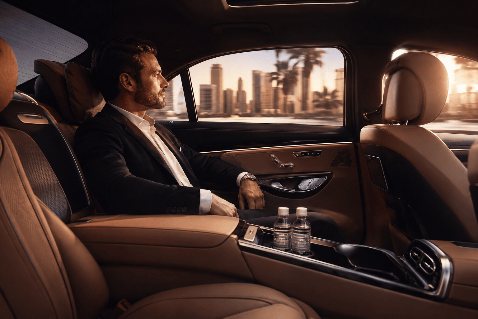 Interior of a luxury vehicle used for airport transportation