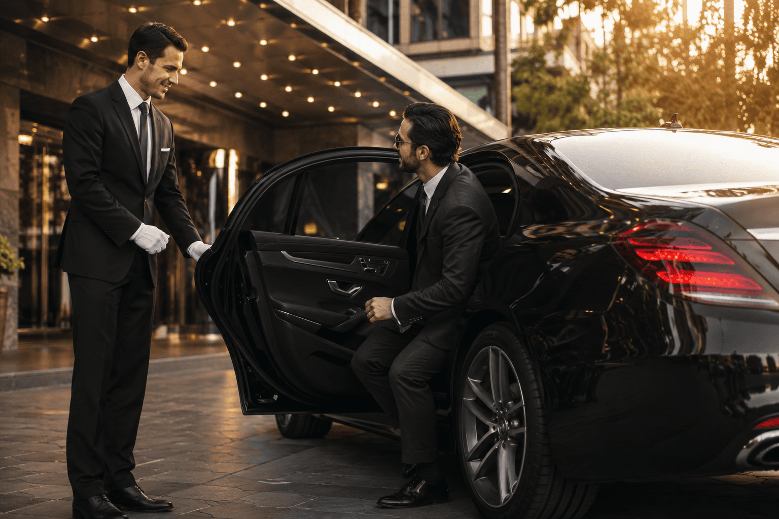 Professional chauffeur opening the door of a luxury vehicle